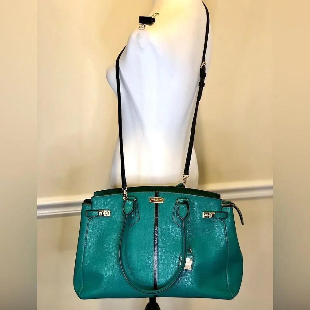 HENRI BENDEL Teal Caviar Carlyle Leather Tote Shoulder Bag Wallet & Strap SET